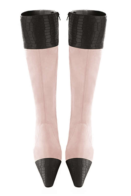 Dark grey and powder pink women's feminine knee-high boots. Tapered toe. Medium block heels. Made to measure. Top view - Florence KOOIJMAN